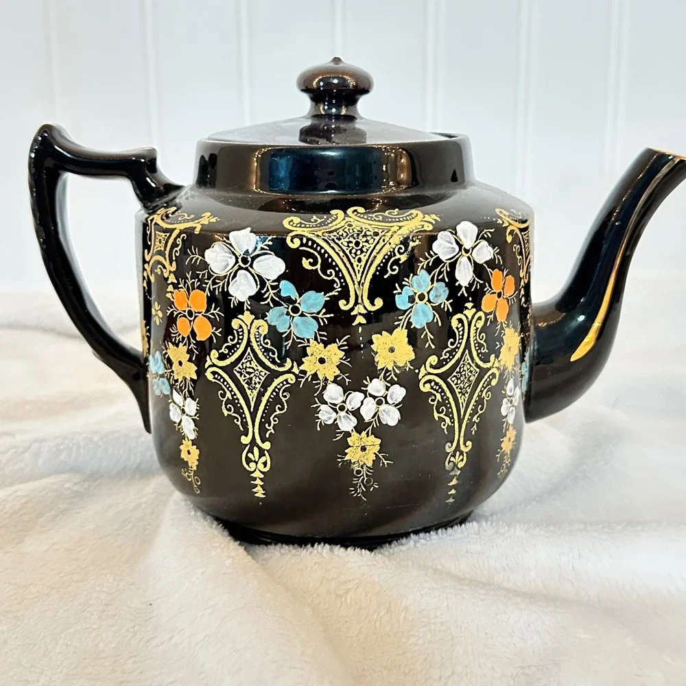 Vintage Hague Teapot Dark Hand Painted Floral Made in England Cottagecore Glazed